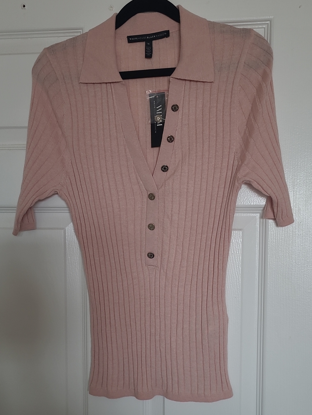 White House Black Market Blush Pink Ribbed Polo Top